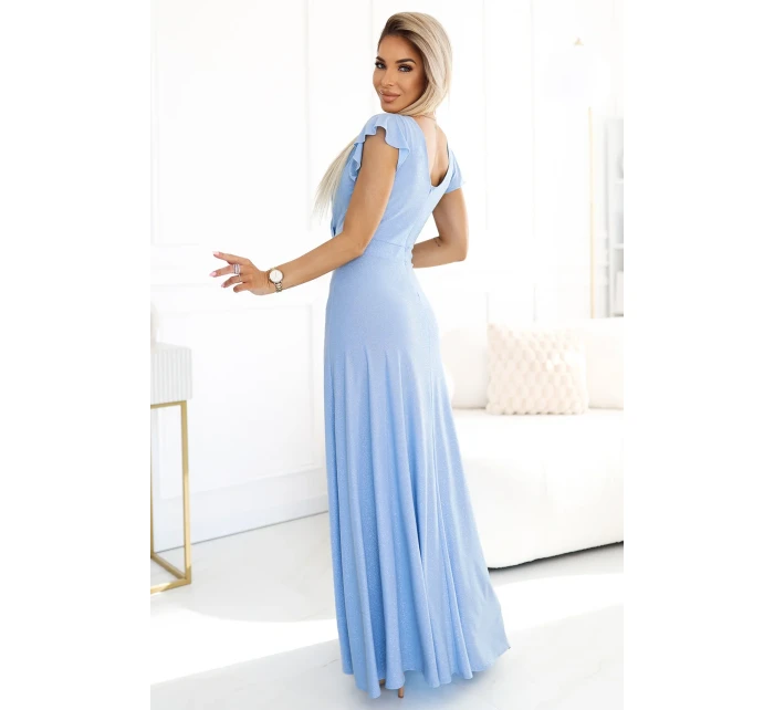 411-13 CRYSTAL třpytivé dlouhé šaty s výstřihem - MODRÉ s třpytkami