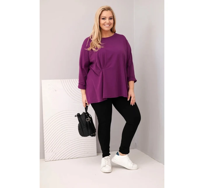 Dámská blůza plus size s bavlnou a dlouhým rukávem a nařasením tmavě fialová