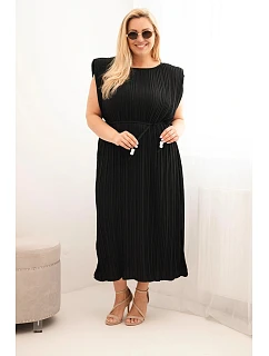 Dámské plus size viskózové plisované šaty s vázáním černá