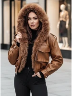 Dámská kožená bunda s kožešinou hnědá model 21995411 - Dstreet