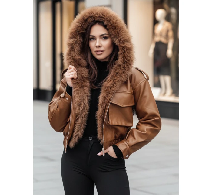 Dámská kožená bunda s kožešinou hnědá model 21995411 - Dstreet