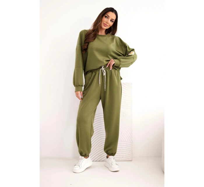 Dámský máslový komplet s volnou mikinou a kalhotami s nápisem LOVE olivový