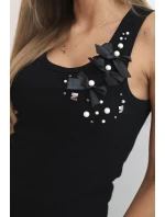 Dámský žebrovaný top z bavlny s květinovou aplikací černá Dámský žebrovaný top z bavlny s květinovou aplikací černá