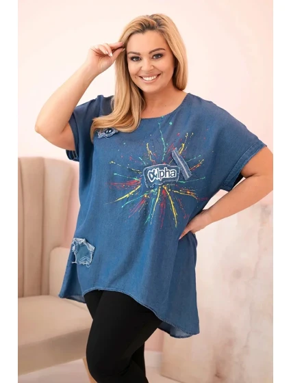 Dámská halenka Plus Size s nášivkami džínovina Dámská halenka Plus Size s nášivkami džínovina