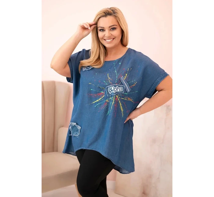 Dámská halenka Plus Size s nášivkami džínovina Dámská halenka Plus Size s nášivkami džínovina