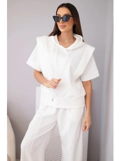 Dámský komplet mikina s kapucí a volné kalhoty se šňůrkou máslový ecru