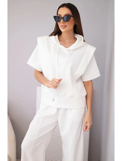 Dámský komplet mikina s kapucí a volné kalhoty se šňůrkou máslový ecru