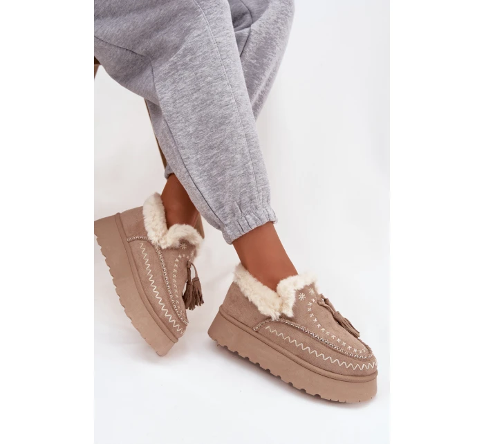 Dámské sněhule Ferayne na platformě s kožešinou a třásněmi – béžové