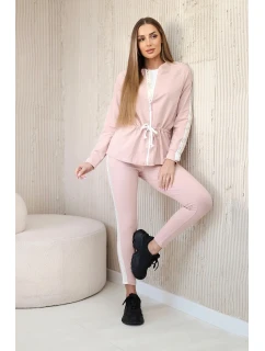 Dámská bavlněná souprava s proužky a stahovacími lemy pudrově růžová