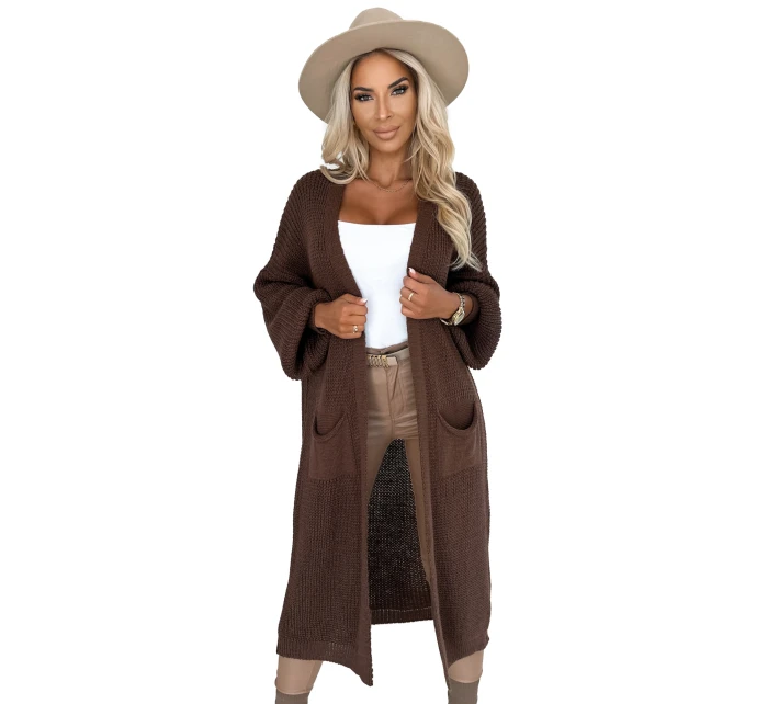 model 21290269 Cardigan svetr dlouhý s kapsami čokoládová barva - numoco basic