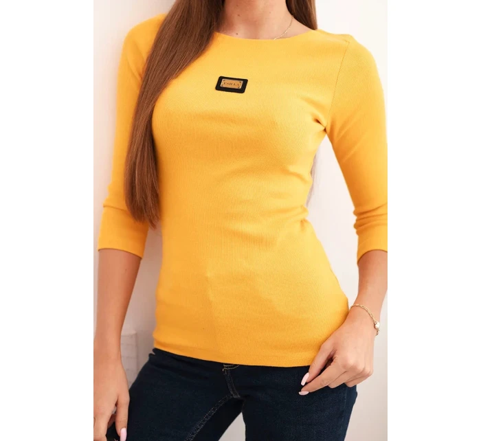 Dámská pruhovaná blůza s rukávem 3/4 a ozdobnou nášivkou hořčicová Dámská pruhovaná blůza s rukávem 3/4 a ozdobnou nášivkou hořčicová