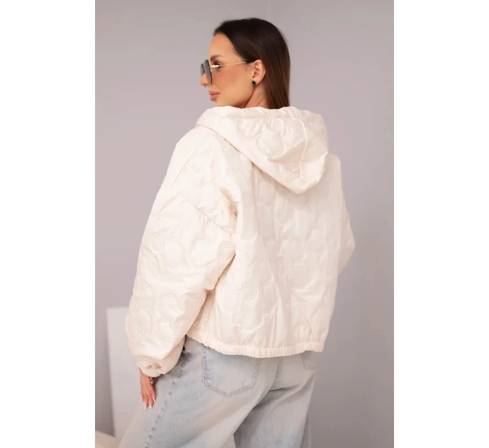 Dámská prošívaná bunda s kapucí a ozdobným květinovým ražením béžová