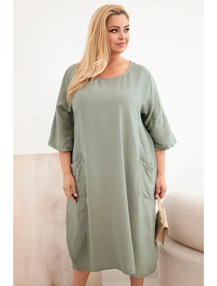 Dámské plus size viskózové šaty s kapsami a krátkým rukávem khaki