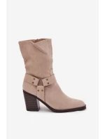 Dámské boty zateplené na podpatku s pásky a ozdobným detailem béžové Neria Dámské boty zateplené na podpatku s pásky a ozdobným detailem béžové Neria
