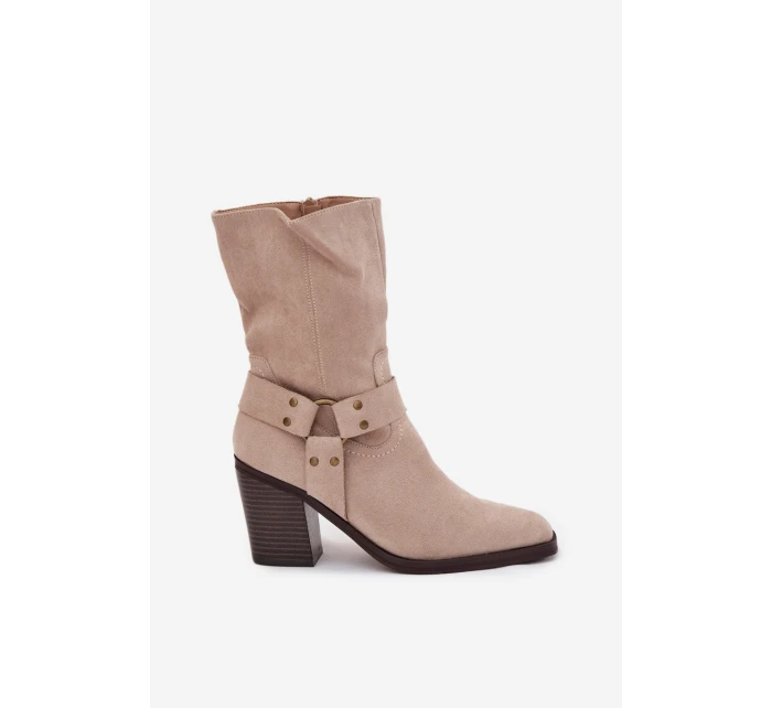 Dámské boty zateplené na podpatku s pásky a ozdobným detailem béžové Neria Dámské boty zateplené na podpatku s pásky a ozdobným detailem béžové Neria