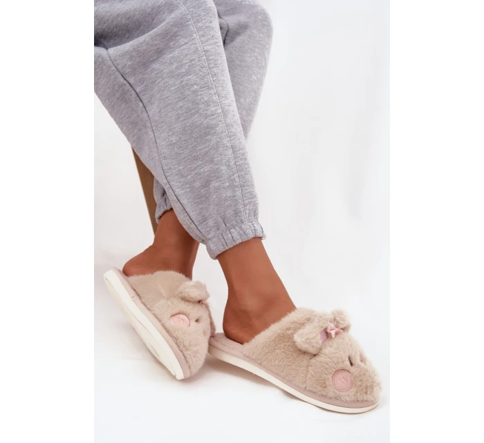 Kožešinové domácí pantofle dámské s oušky a mašličkou Béžové Corayne