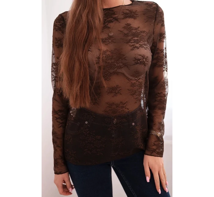 Dámská krajková blůza s dlouhým rukávem hnědá Dámská krajková blůza s dlouhým rukávem hnědá