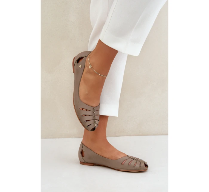 model 21684103 Pohodlné dámské kožené baleríny tmavě béžové - Zazoo