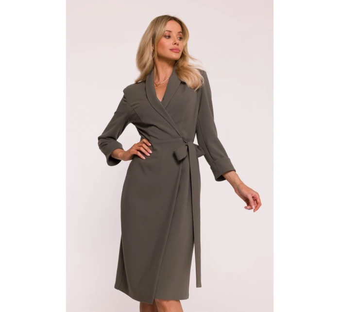 S415 Košilové šaty vázané v pase - khaki barva