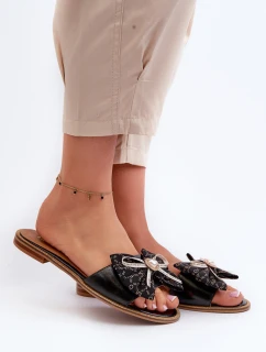 Ploché Dámské Kožené Žabky S Mašlí Laura Messi 2791 Černé