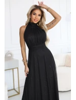 636-3 VERONICA luxusní dlouhé šaty s brokátovým akcentem a elegantním střihem - černé