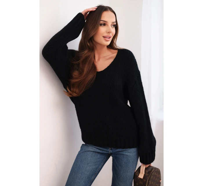 Dámský svetr s příměsí vlny s výstřihem do V černý Dámský svetr s příměsí vlny s výstřihem do V černý