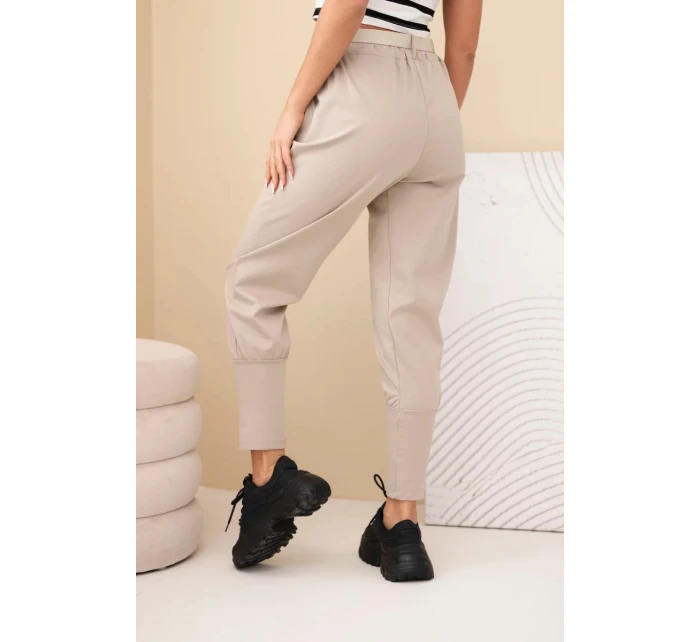 Dámské kalhoty z vysokým pasem a páskem bavlněné tmavě béžová