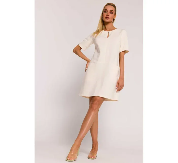 M788 Trapézové šaty s předními kapsami - krémové M788 Trapézové šaty s předními kapsami - krémové