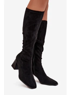 Dámské kozačky na sloupkovém podpatku s prošitím Celandine – černé