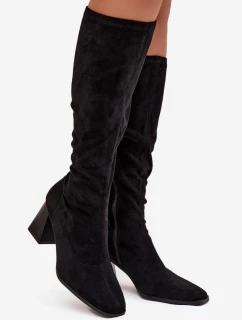 Dámské kozačky na sloupkovém podpatku s prošitím Celandine – černé