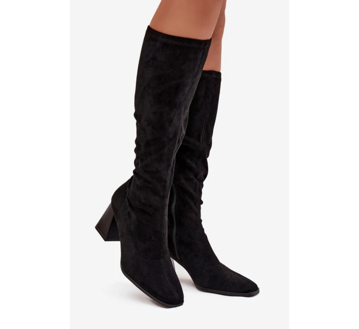 Dámské kozačky na sloupkovém podpatku s prošitím Celandine – černé Dámské kozačky na sloupkovém podpatku s prošitím Celandine – černé