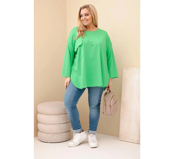 Dámská blůza Plus Size s kapsou a ohrnovacími rukávy z bavlny světle zelená
