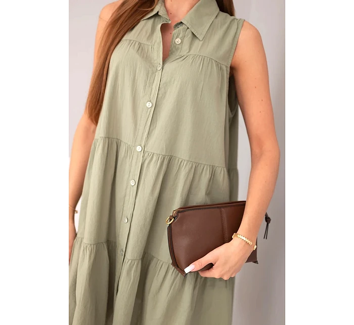 Dámské bavlněné košilové šaty bez rukávů s knoflíky khaki