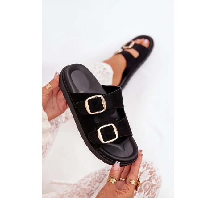 Dámské pantofle na platformě se zlatými přezkami – černé