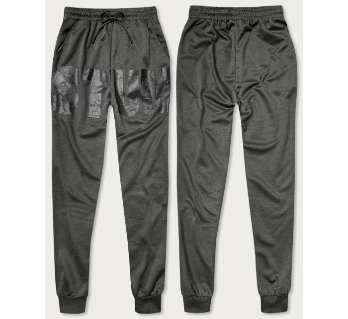 Tmavě šedé pánské teplákové kalhoty s potiskem (8K191)