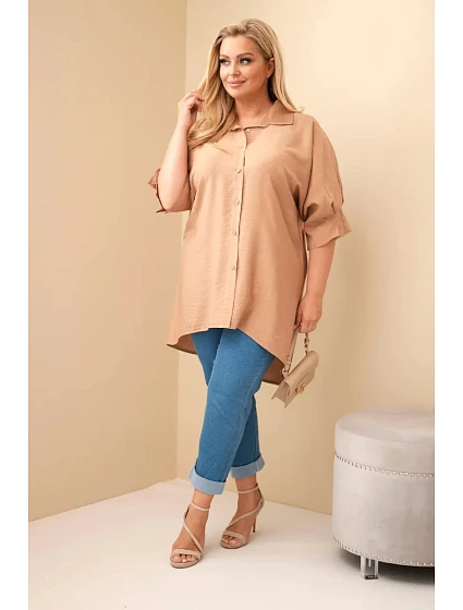 Dámská Plus Size bavlněná košile s knoflíky a límcem velbloudí Dámská Plus Size bavlněná košile s knoflíky a límcem velbloudí