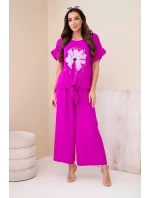 Dámský viskózový komplet s halenkou s potiskem a kalhotami tmavě fialová