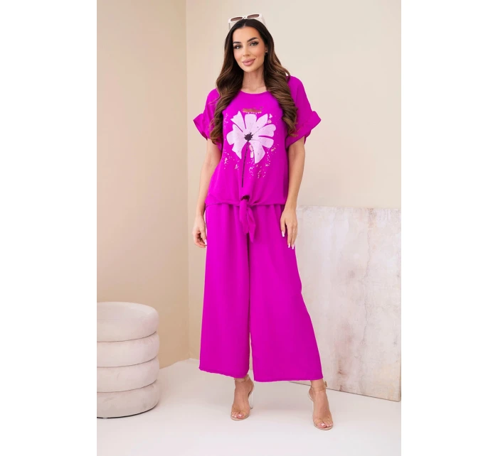 Dámský viskózový komplet s halenkou s potiskem a kalhotami tmavě fialová