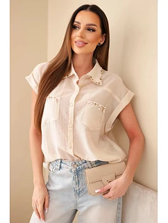 Dámská košile z tencelu s ozdobným límečkem a kapsami tmavě béžová