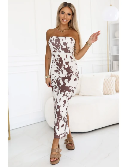 šaty bez ramínek v hnědé a bílé barvě se vzorem boho model 21210356 - numoco basic