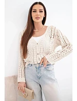 Dámský bavlněný ažurový svetr zapínaný na knoflíky s výstřihem do V béžový