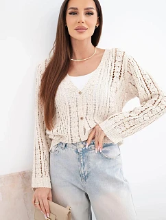 Dámský bavlněný ažurový svetr zapínaný na knoflíky s výstřihem do V béžový