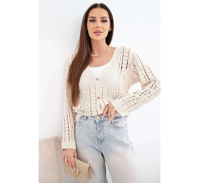 Dámský bavlněný ažurový svetr zapínaný na knoflíky s výstřihem do V béžový