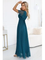 dlouhé třpytivé šaty s výstřihem a krátkými rukávy lahvově zelené model 21412840 - numoco basic