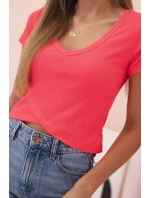 Dámská pruhovaná blůza s V výstřihem a krátkým rukávem neonově růžová Dámská pruhovaná blůza s V výstřihem a krátkým rukávem neonově růžová