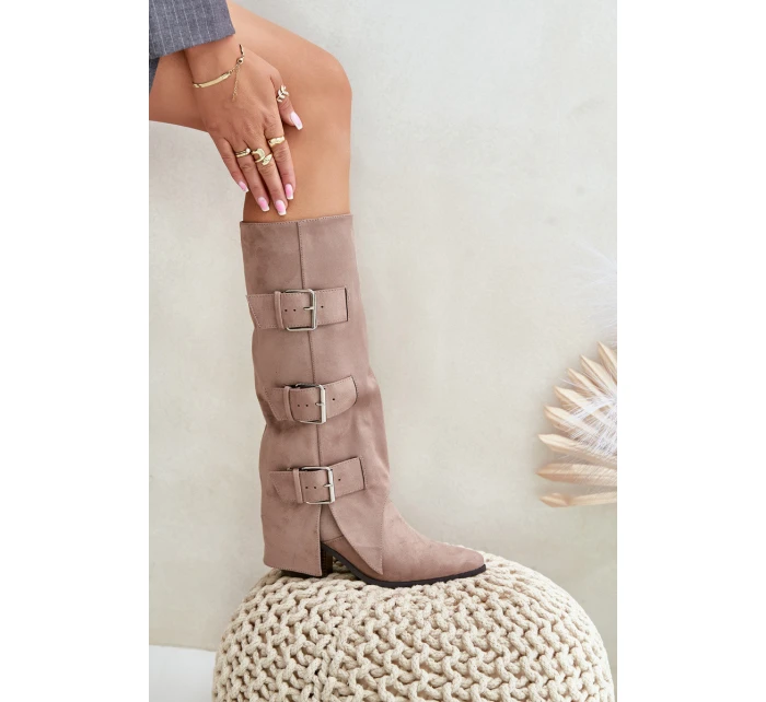 Kozačky Na Podpatku S Otočeným Svrškem A Přezkami Béžové Vamissa