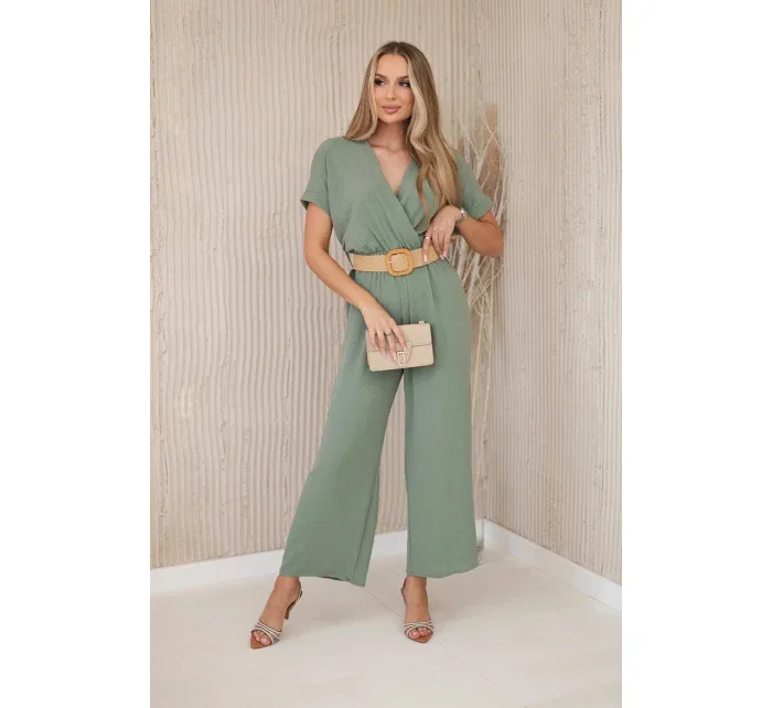 Kombinéza s ozdobným páskem v pase světlá khaki