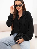 Dámská viskózová košile s dlouhým rukávem a volánky černá