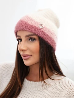 Dámská čepice beanie žebrovaná s ozdobou béžová+tmavě růžová