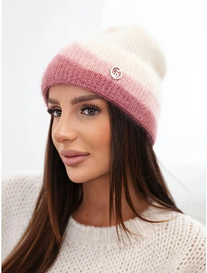 Dámská čepice beanie žebrovaná s ozdobou béžová+tmavě růžová Dámská čepice beanie žebrovaná s ozdobou béžová+tmavě růžová